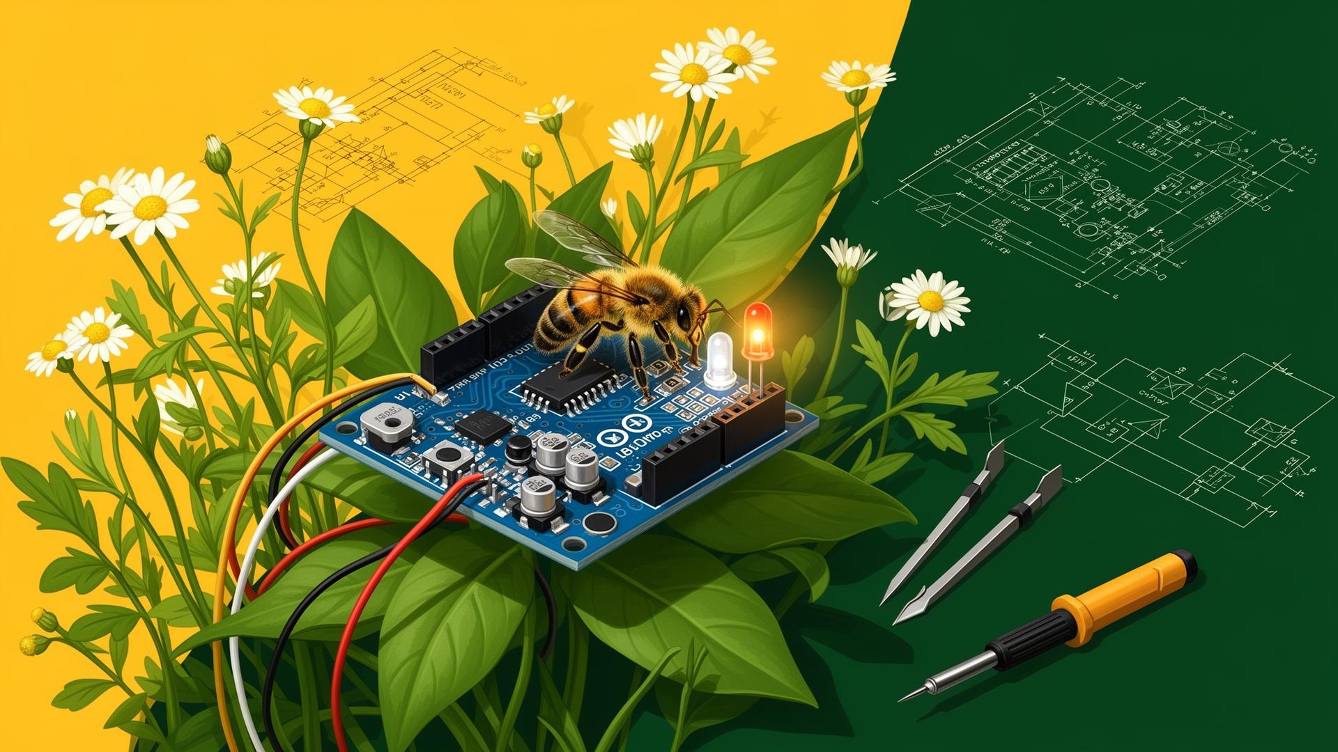 Placă Arduino cu senzori printre flori, cu o albină așezată pe microcontroller